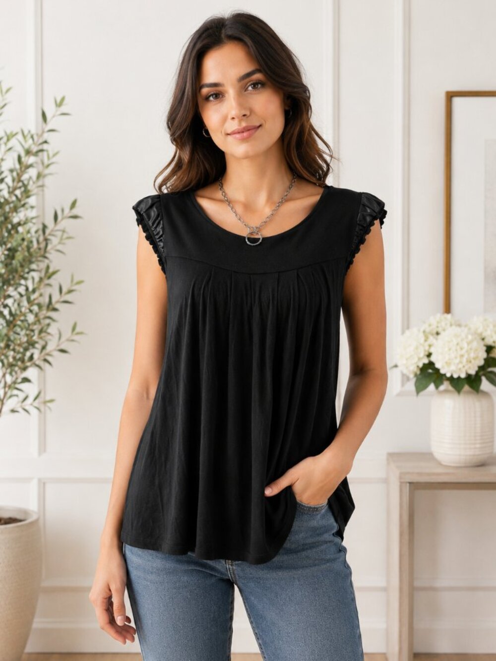 Twentyone black babydoll top with satin cap sleeves size small